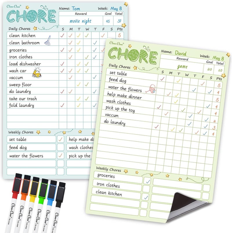 Clever Clean Magnetic Dry Erase Chore Chart - 8.5"x12" Behavior Responsibility Chore Board for Kids, Teenagers - 6 Extra Fine Point Markers Included - Shipped Flat 2 Pcs Blue & Green - Image 1
